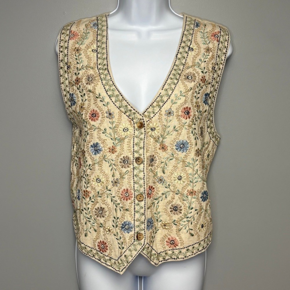 VTG‎ 90s Tantrums Boho Cottagecore Grandma Embroidered Floral Vest Sz Petite M